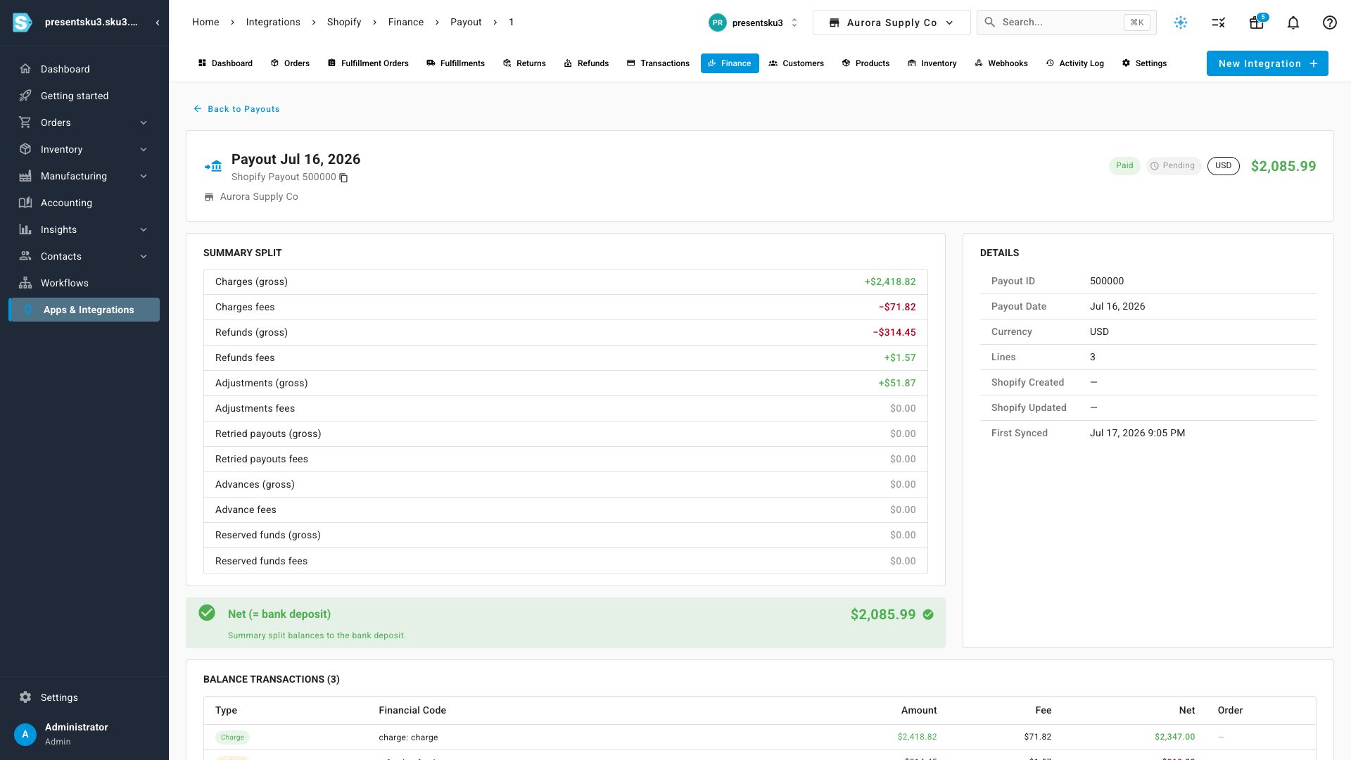 A payout detail page with the summary split balancing exactly to the bank deposit