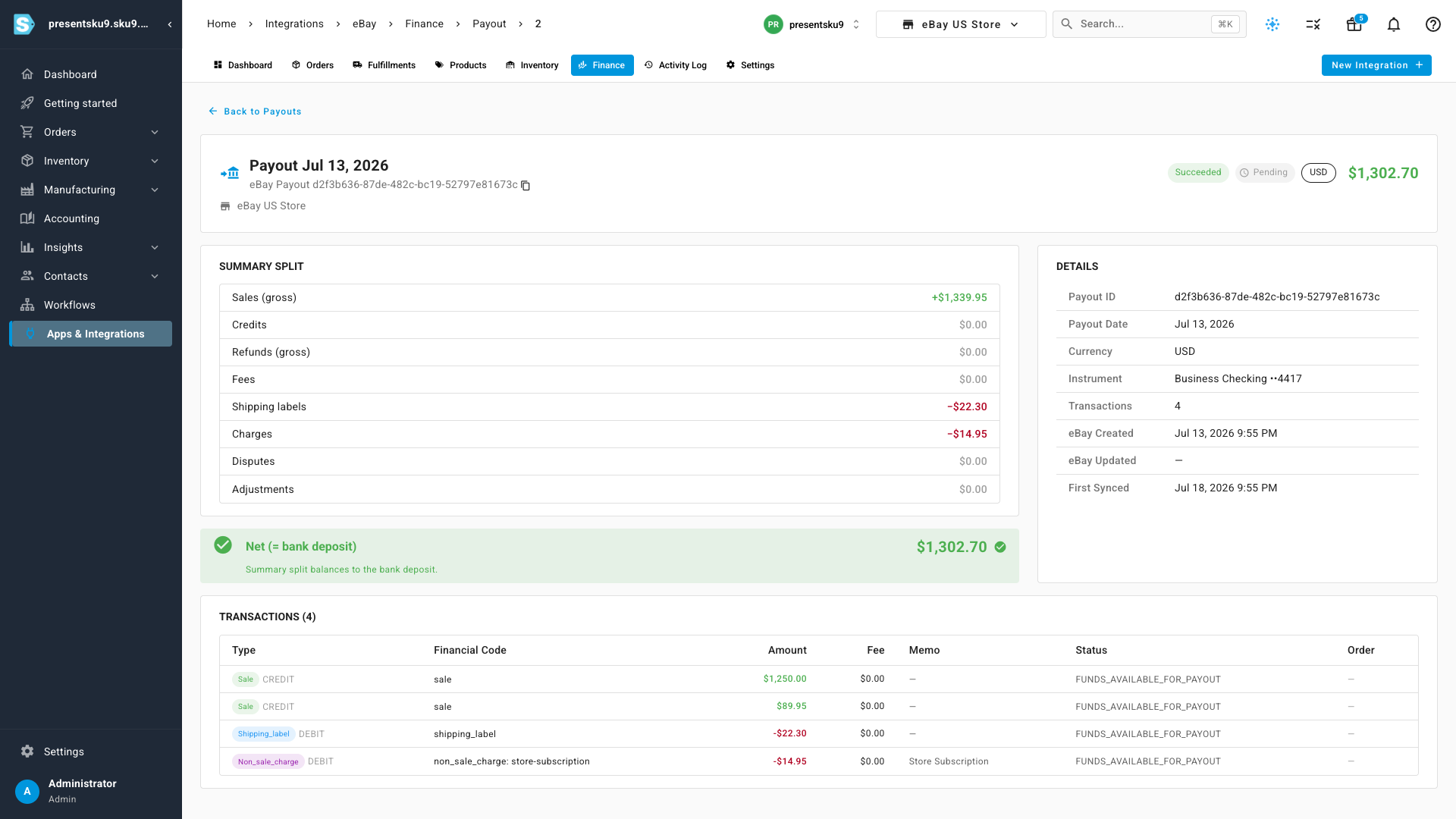 An eBay payout detail page showing the summary split and its transaction lines