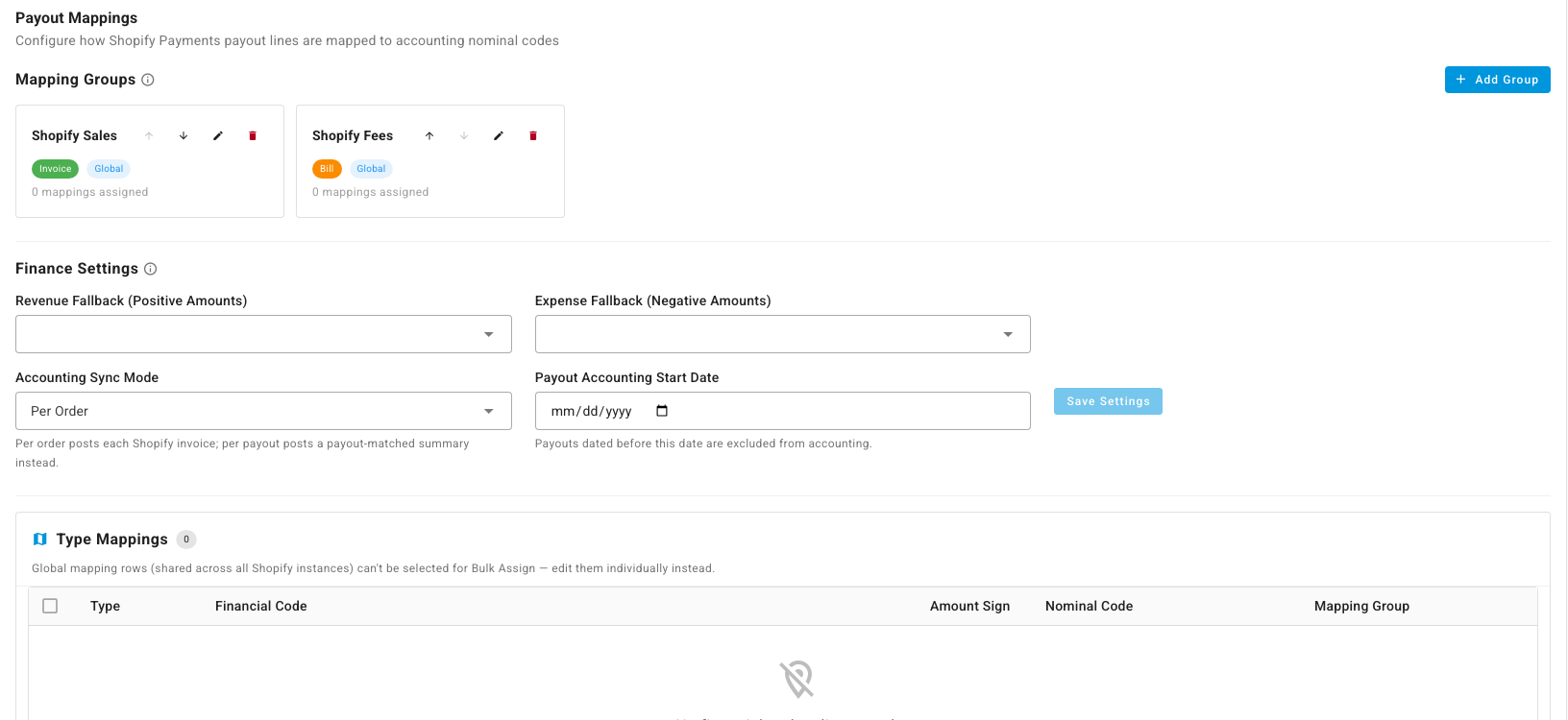 Mapping groups and finance settings for payouts