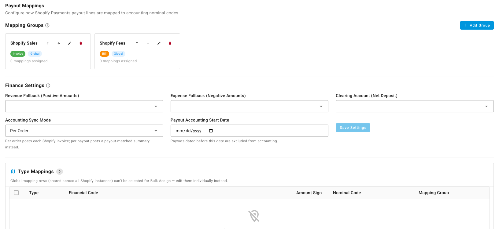 Mapping groups and finance settings for payouts
