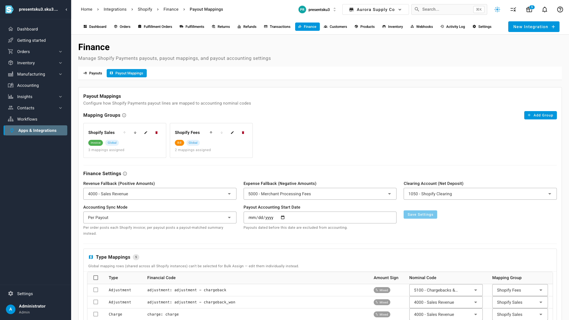 The Payout Mappings screen with mapping groups, account assignments, and finance settings