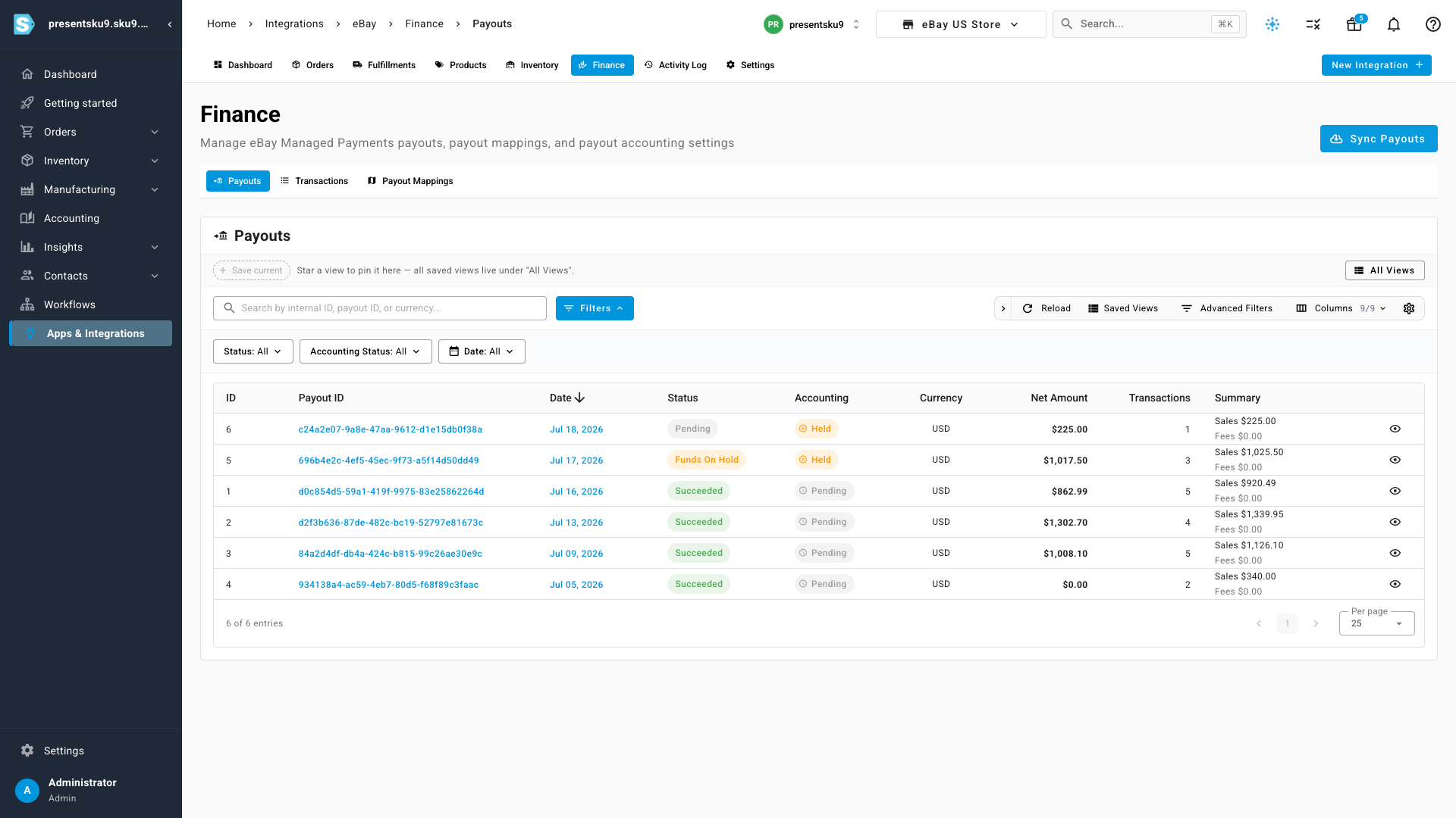 The eBay Payouts list showing deposits with status, accounting state, and amounts