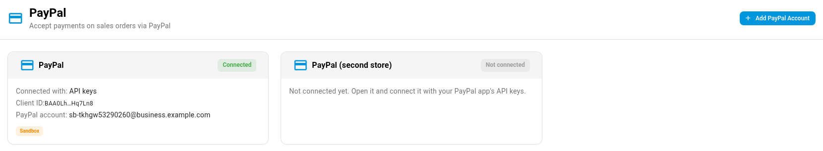 The PayPal page with a connected account and one that's not connected yet
