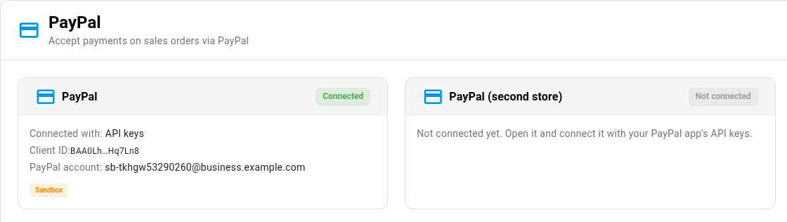 The PayPal page with a Connected account card and a Not connected account card