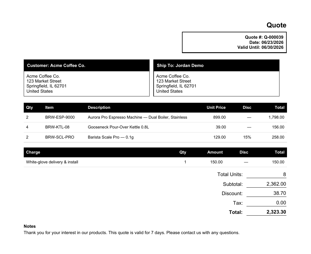 A branded quote PDF