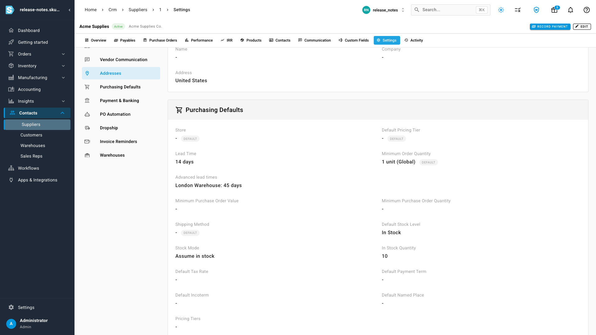 The saved supplier settings showing a Lead Time of 14 days and an Advanced lead times line reading "London Warehouse: 45 days"