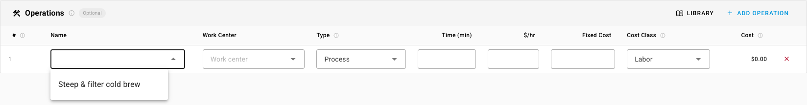 Picking a step from the library on a recipe's Operations tab