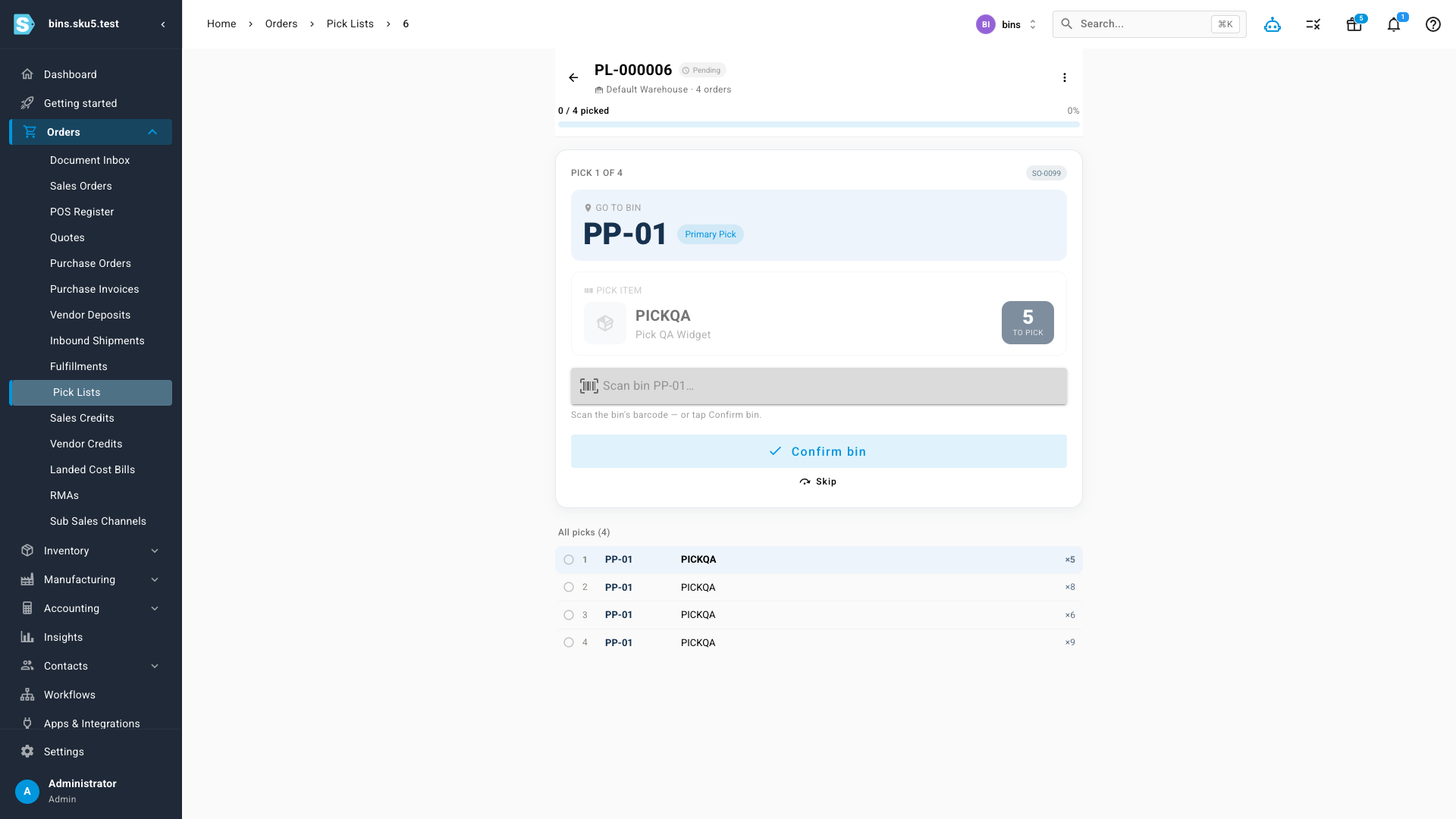 A pick in progress: "Go to bin PP-01", the item and quantity to pick, and a scan-to-confirm step