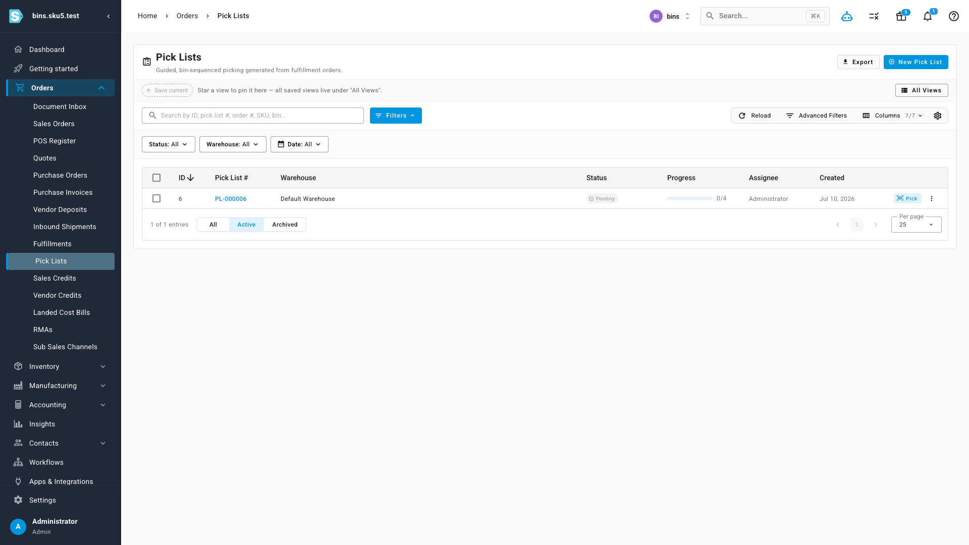 The Pick Lists queue: guided, bin-sequenced picks generated from fulfillment orders, with live progress