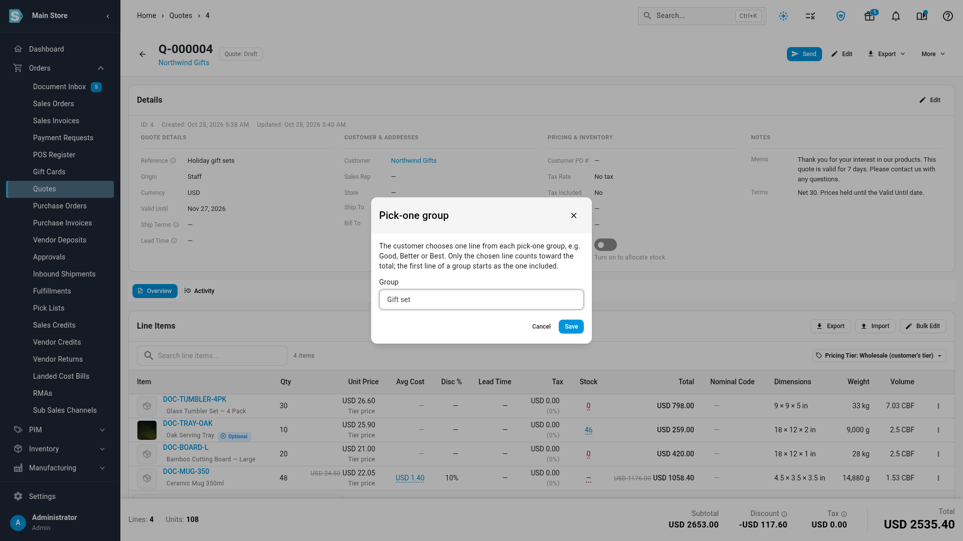 The Pick-one group dialog with Group set to "Gift set"