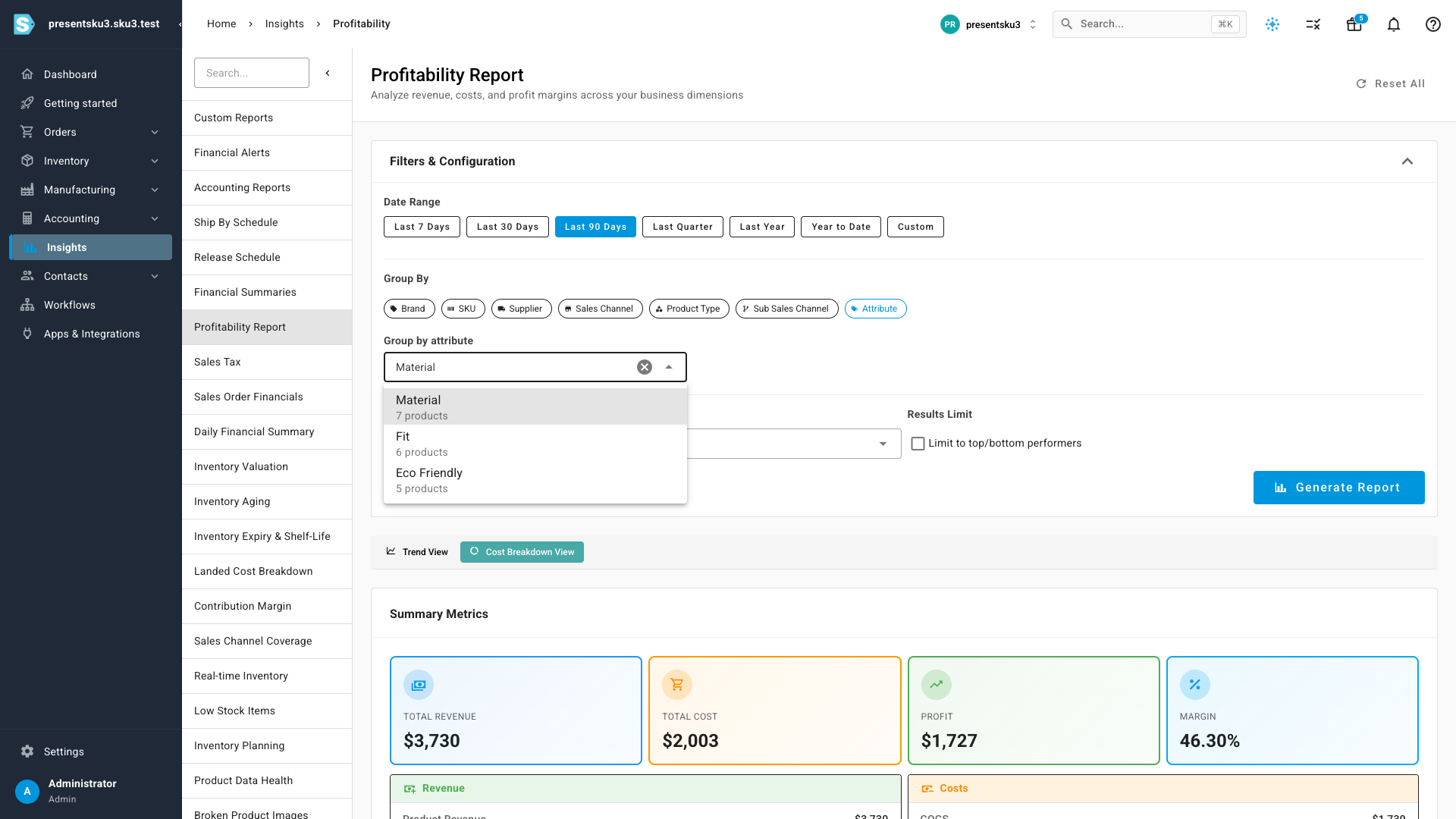 The Group By row with the new Attribute option and the attribute picker showing product coverage counts