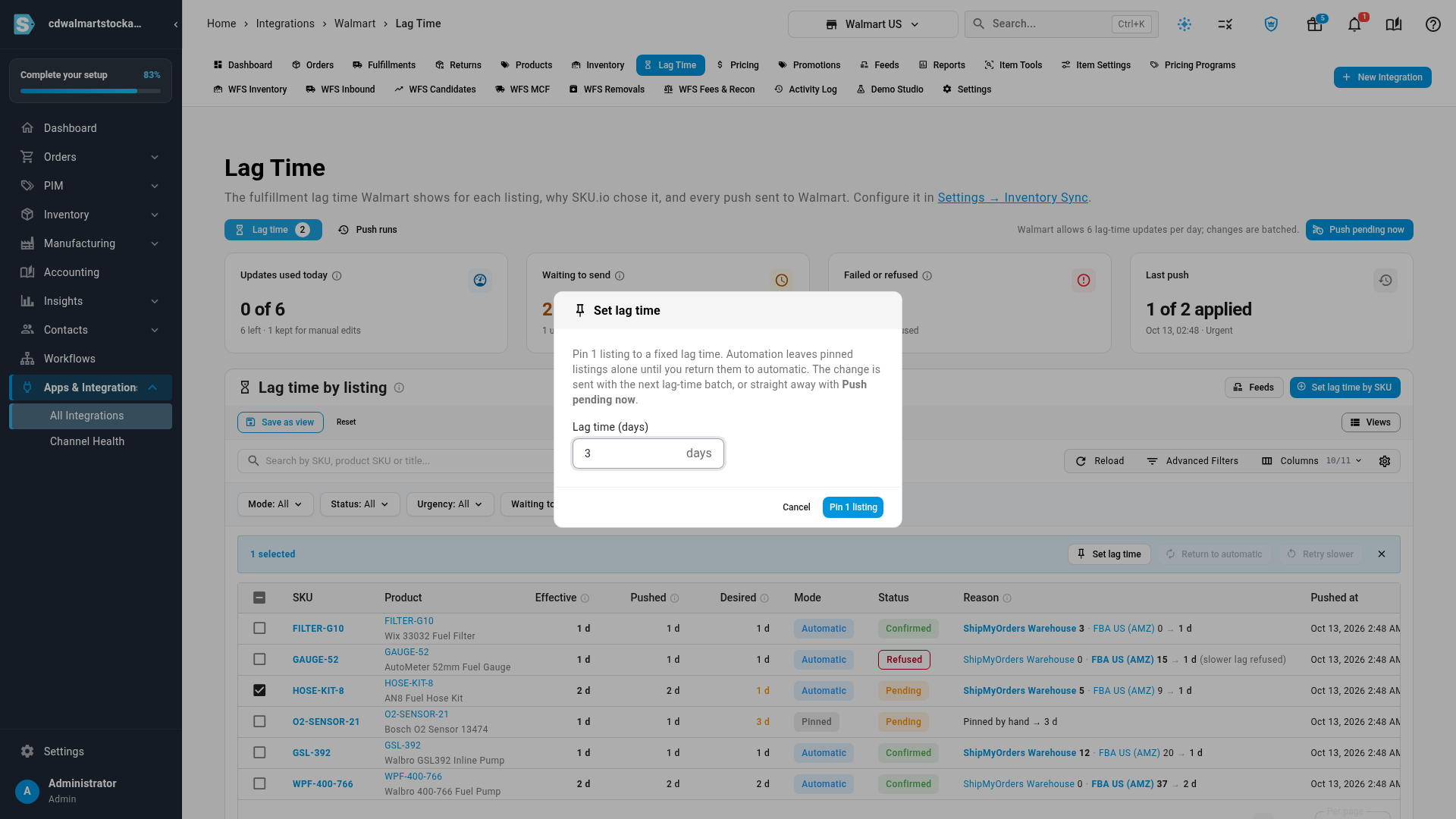 Set lag time for a selected listing on the Lag Time tab, pinning it to 3 days