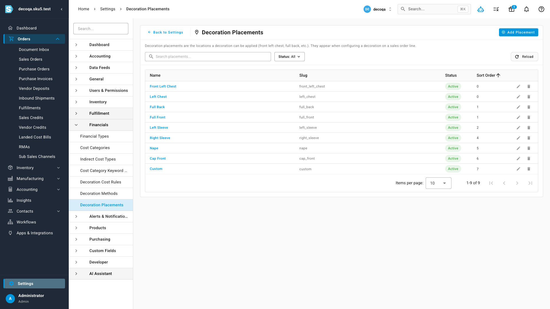 The Decoration Placements registry under Settings, listing locations like front left chest and full back