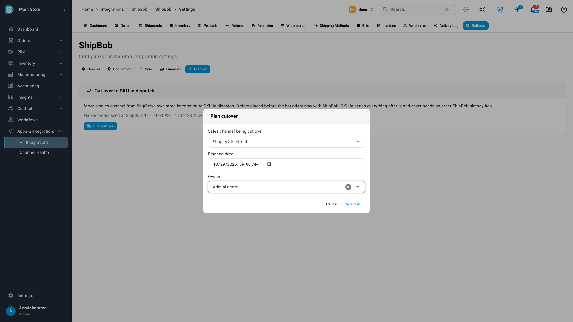 The Plan cutover dialog