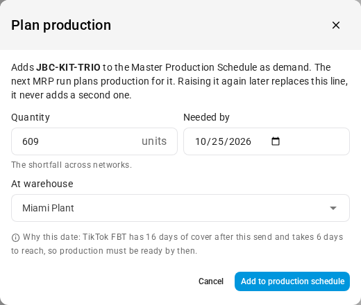 The Plan production dialog with Quantity, Needed by, At warehouse and the reason for the date