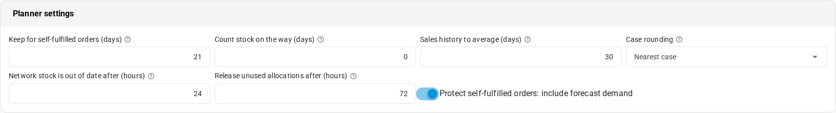The Planner settings card: Keep for self-fulfilled orders 21 days, Count stock on the way 0, Sales history to average 30 days, Case rounding Nearest case, Network stock is out of date after 24 hours, Release unused allocations after 72 hours, and Protect self-fulfilled orders: include forecast demand switched on