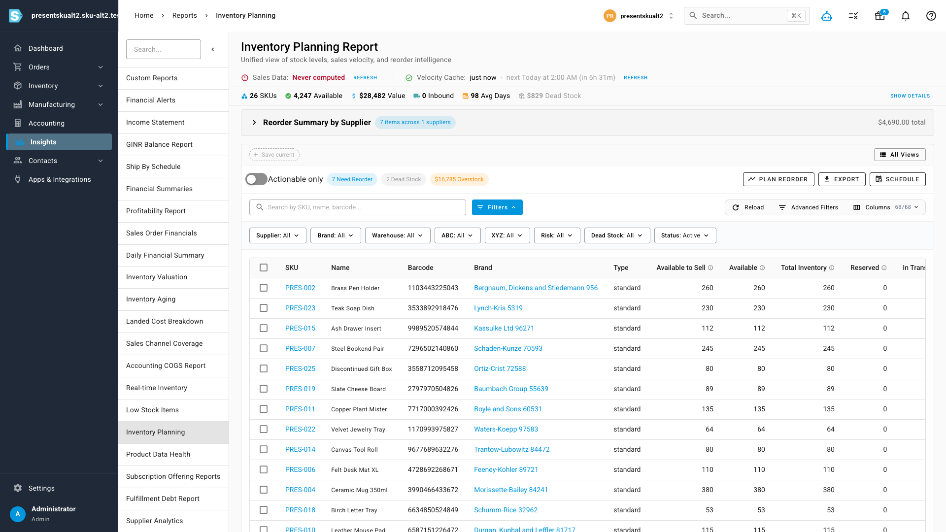 The Inventory Planning Report showing FIFO-derived average costs and stock values, with summary cards for total SKUs, available units, and total stock value