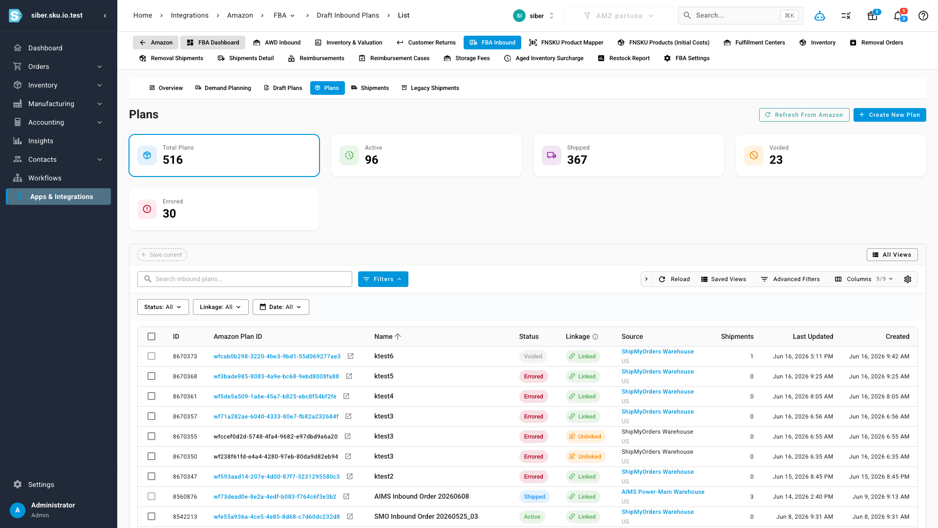 Plans tab listing inbound plans with mirrored Amazon status, linkage, source, and shipment counts