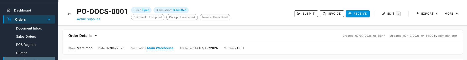 The purchase order action bar — the five status chips and the Submit, Invoice, Receive, Edit, Export, and More actions