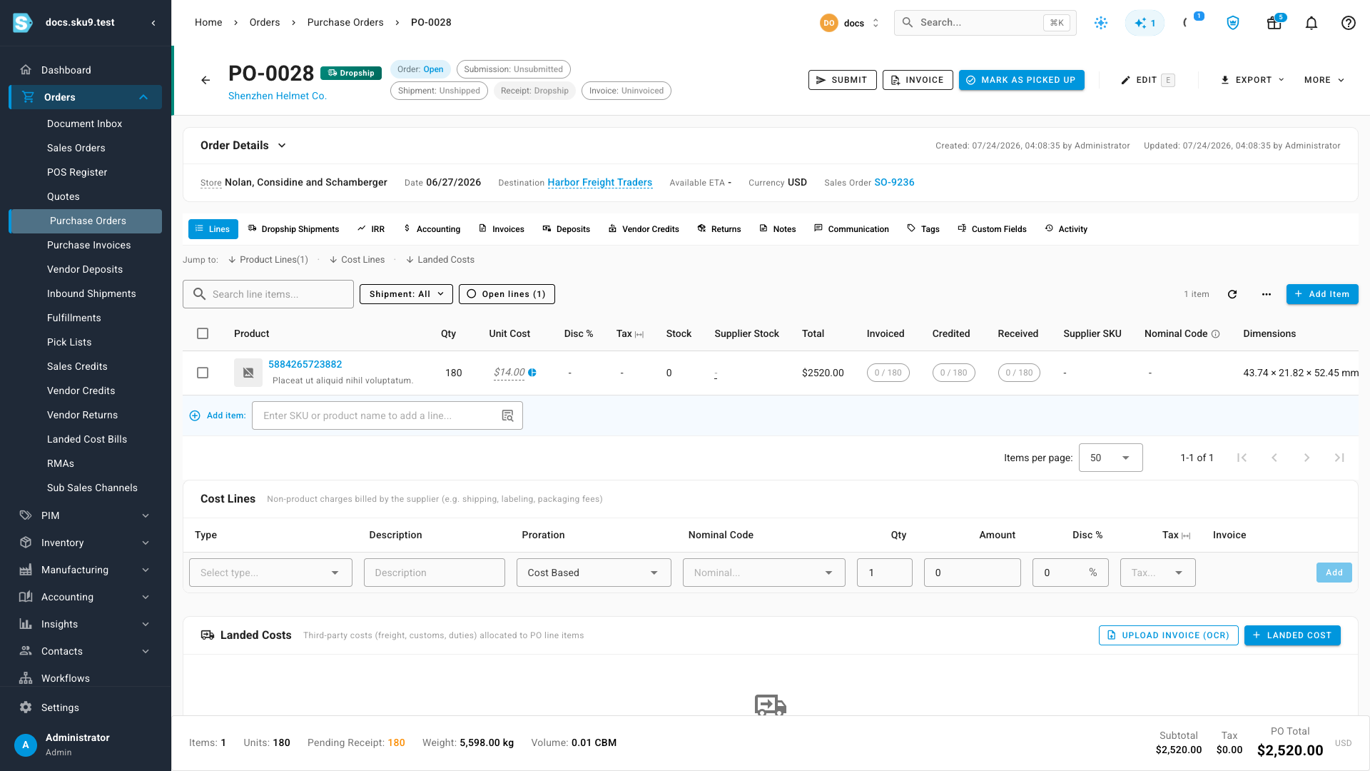 A supplier pickup purchase order in the Awaiting pickup state — Dropship tag, a Mark as Picked Up button, linked to its sales order