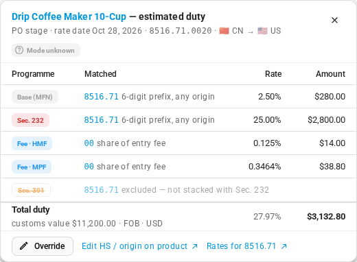 The breakdown of a coffee maker line: base rate, Section 232, and two entry fee shares, with Section 301 excluded