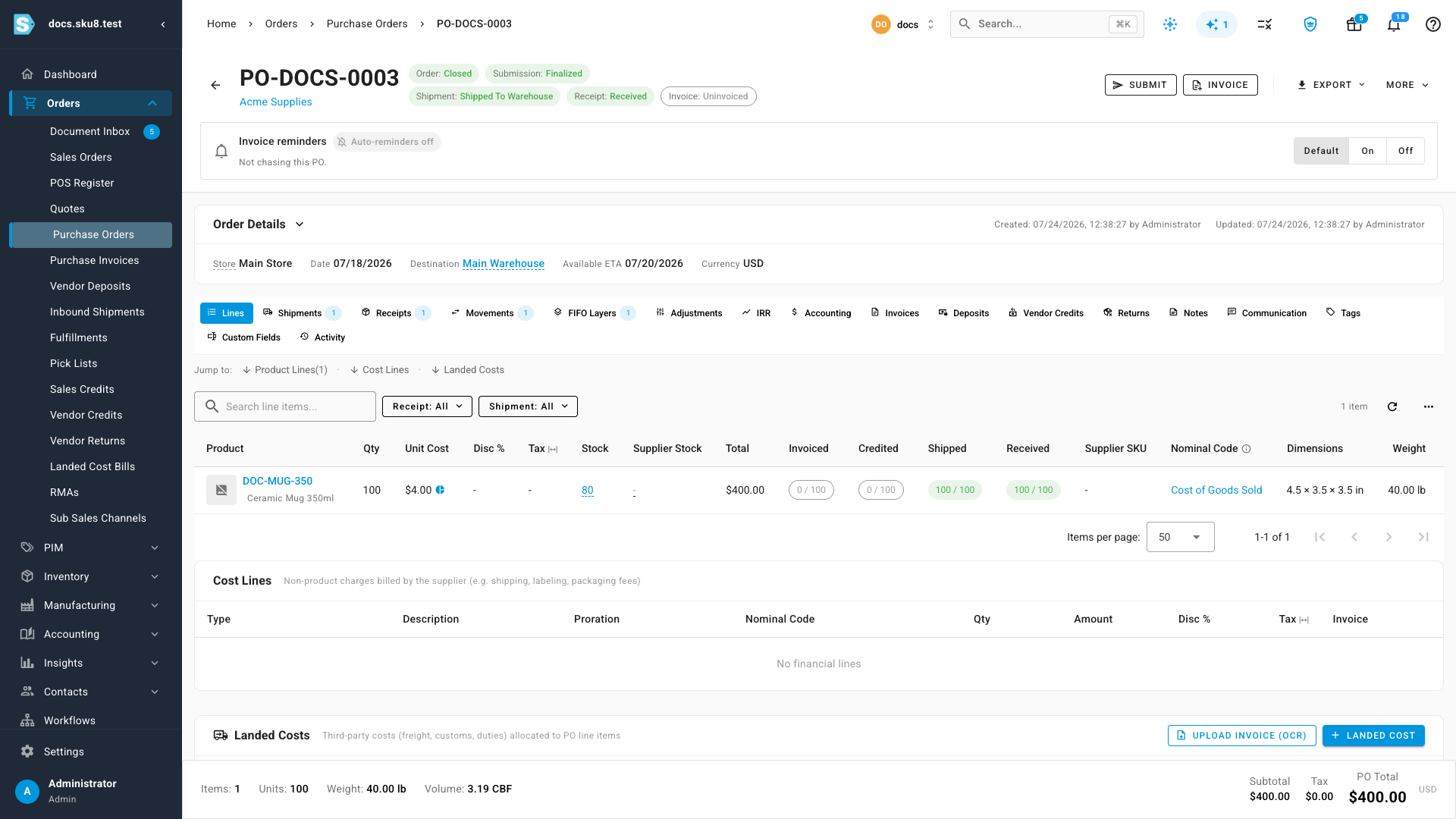 The received purchase order — Order: Closed, Receipt: Received, with the Landed Costs section on the Lines tab