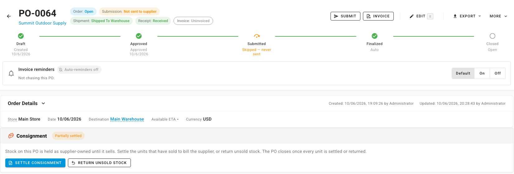 A consignment purchase order with its Consignment panel, showing Partially settled, Settle Consignment and Return Unsold Stock