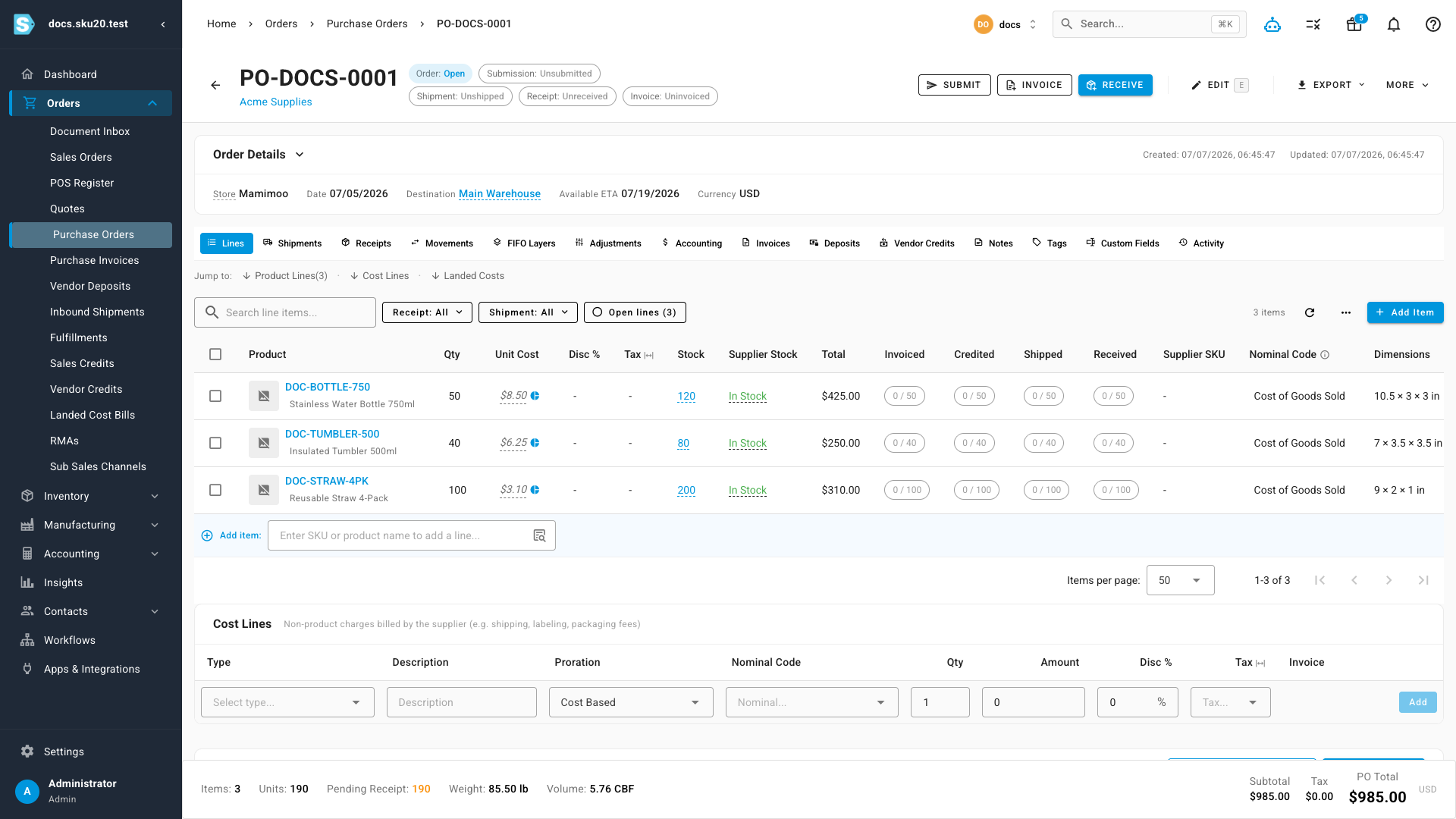 The Lines grid and Cost Lines section on a purchase order