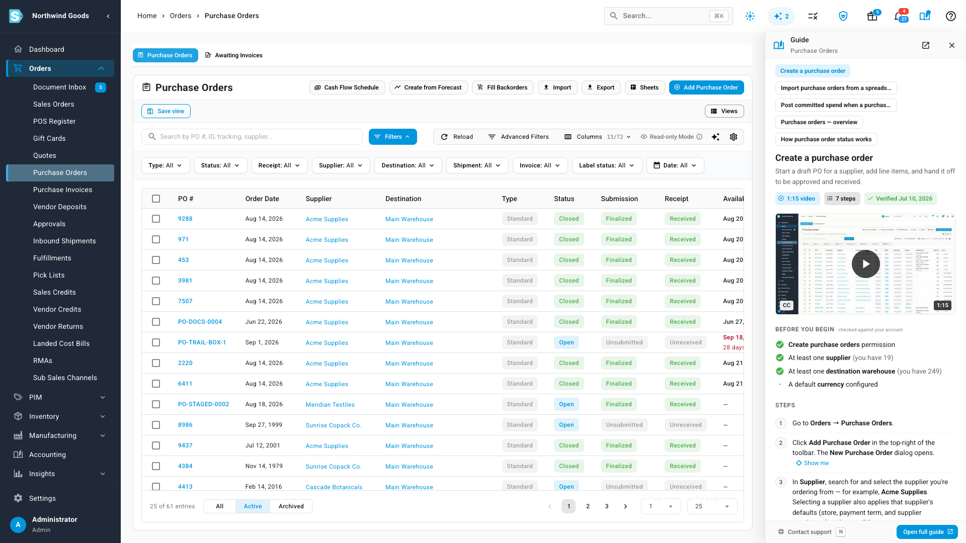 The guide panel open beside Purchase Orders, showing the Create a purchase order guide, its video, checks against the account and numbered steps