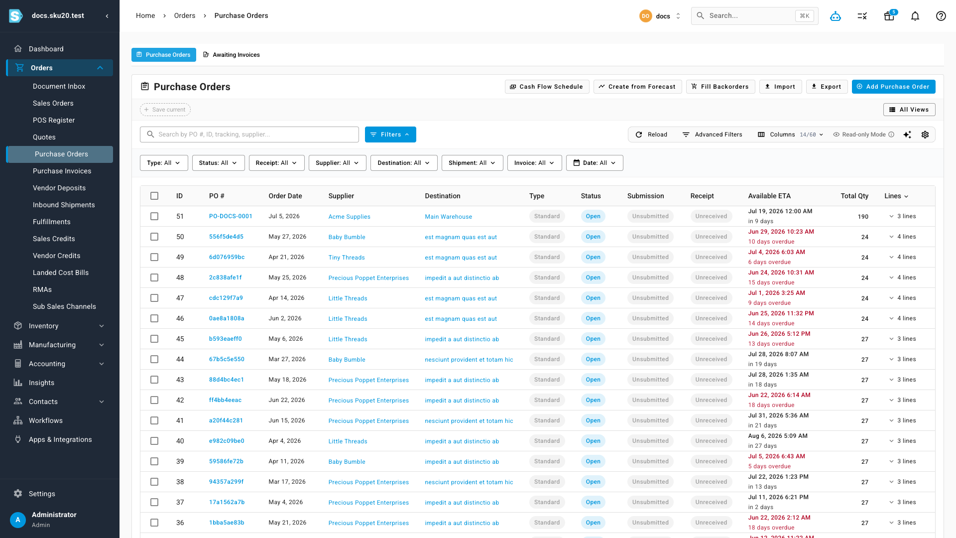 The Purchase Orders list with its toolbar, quick filters, and columns