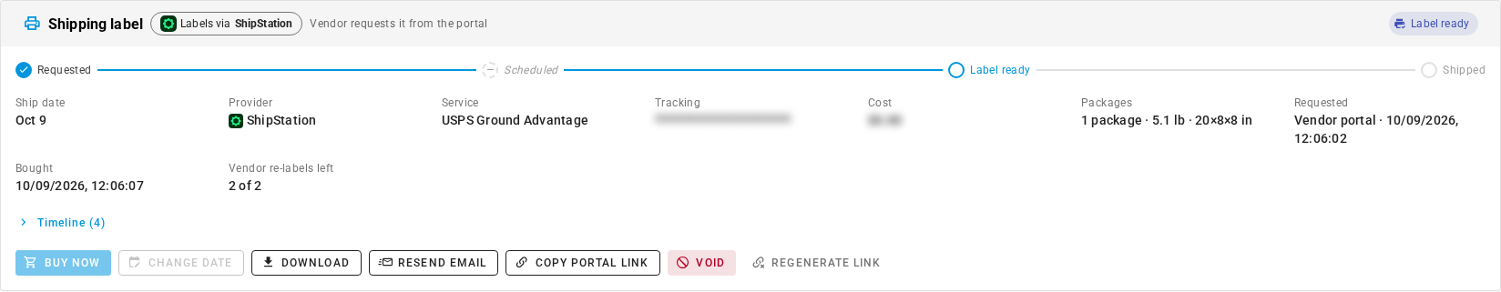The Shipping label card on a dropship purchase order, with a "Labels via ShipStation" badge, a progress bar at "Label ready", ship date, provider, service, packages and actions including Buy now, Download, Resend email, Copy portal link and Void