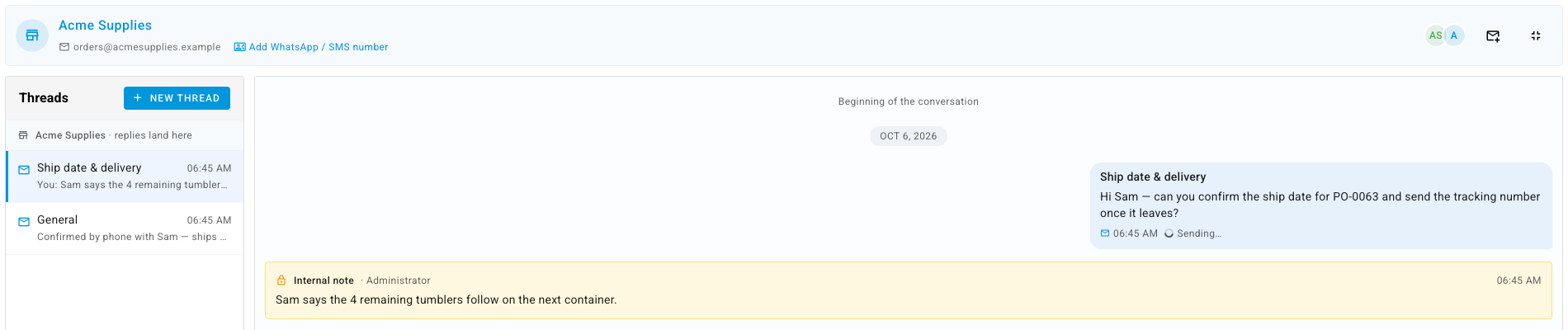 A PO's Communication tab: two threads on the left, and the open thread with an email to the supplier and an internal note