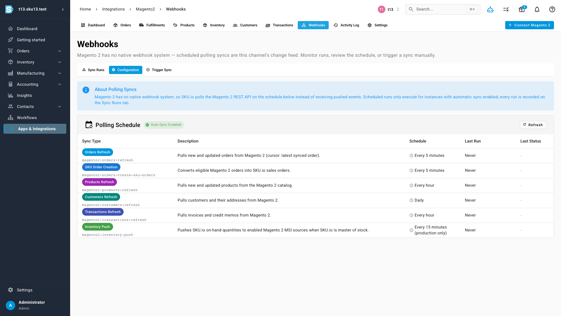 Magento 2 polling schedule showing each sync type and its cadence