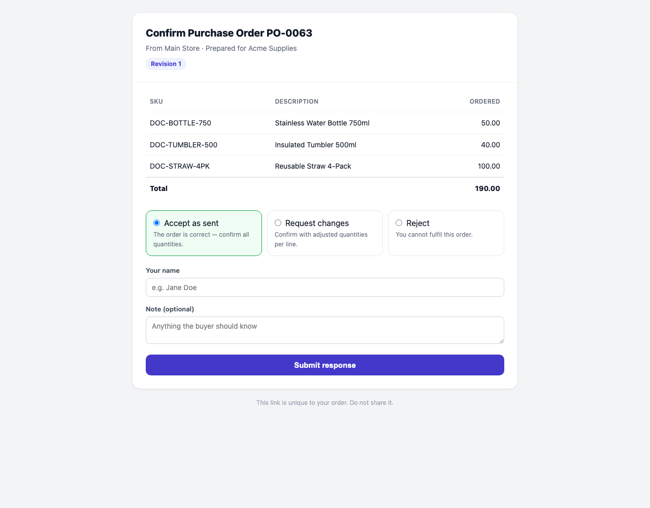 The supplier's confirmation page for PO-0063: the ordered lines and three choices — Accept as sent, Request changes, Reject