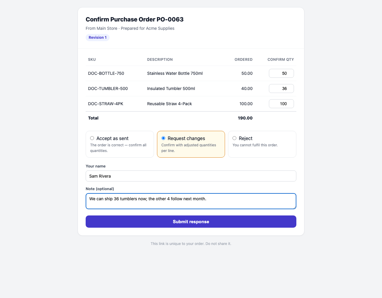 Requesting changes: the supplier confirms 36 of the 40 tumblers and explains why in the note