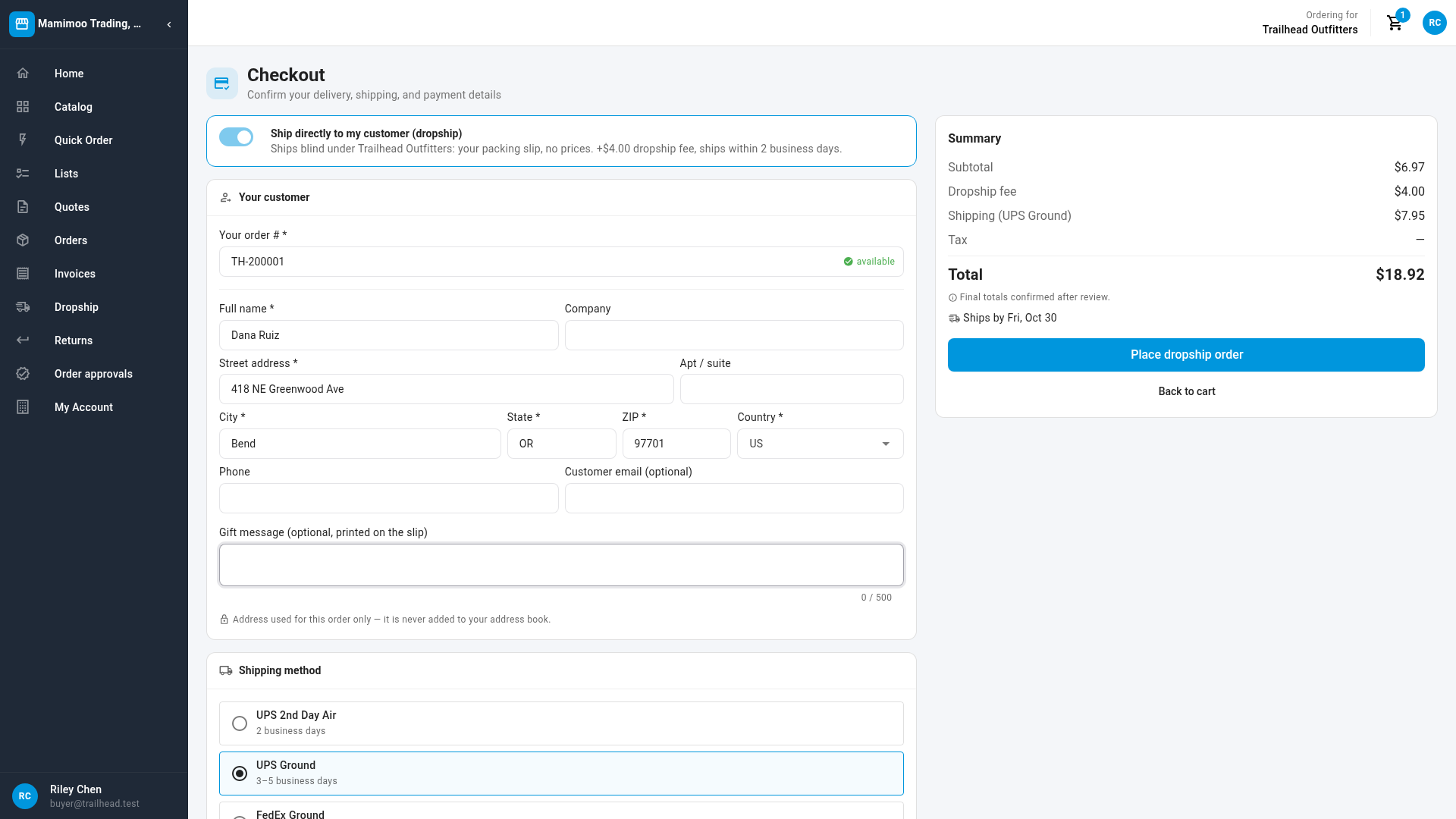 Customer Portal checkout with "Ship directly to my customer (dropship)" switched on, the retailer's order number marked available, the customer's address, and a summary with the dropship fee, shipping and ship-by date