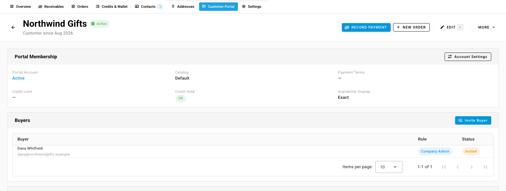 The Customer Portal tab after the first invitation