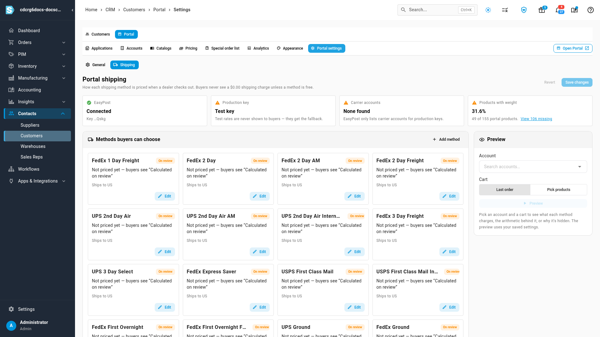 The Shipping tab of Portal settings, with status cards for the EasyPost connection, key type, carrier accounts and products with weights, and a card for each shipping method buyers can choose