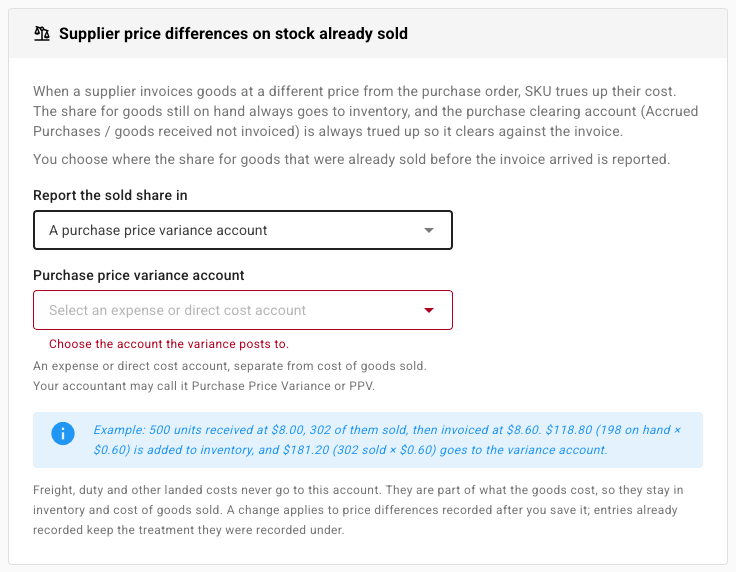 The card with A purchase price variance account chosen and the account picker below it