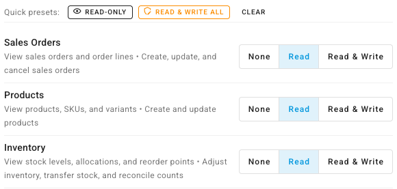 Quick presets with Read-only applied, showing each group's ladder on Read