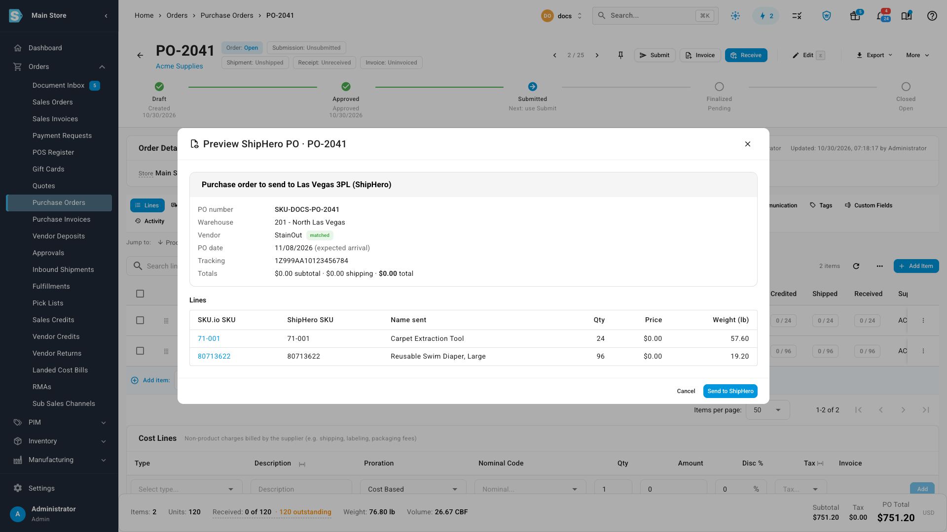 The Preview ShipHero PO dialog with the PO number, warehouse, matched vendor, PO date, tracking, and two lines