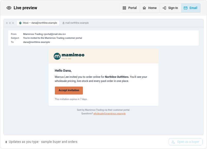 The live preview switched to Email, showing the portal invitation email with the logo, colours and support email