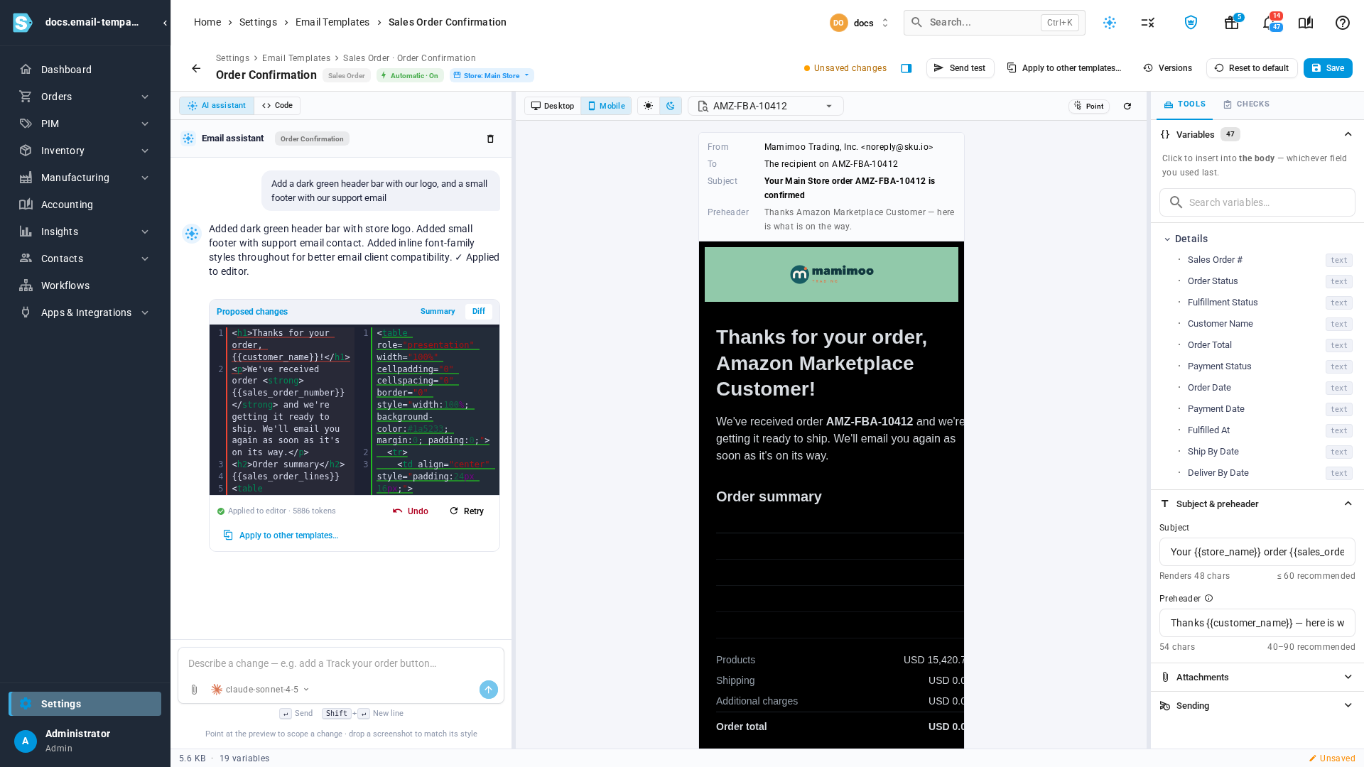 The same order confirmation previewed on mobile in dark mode, filled in with a real order