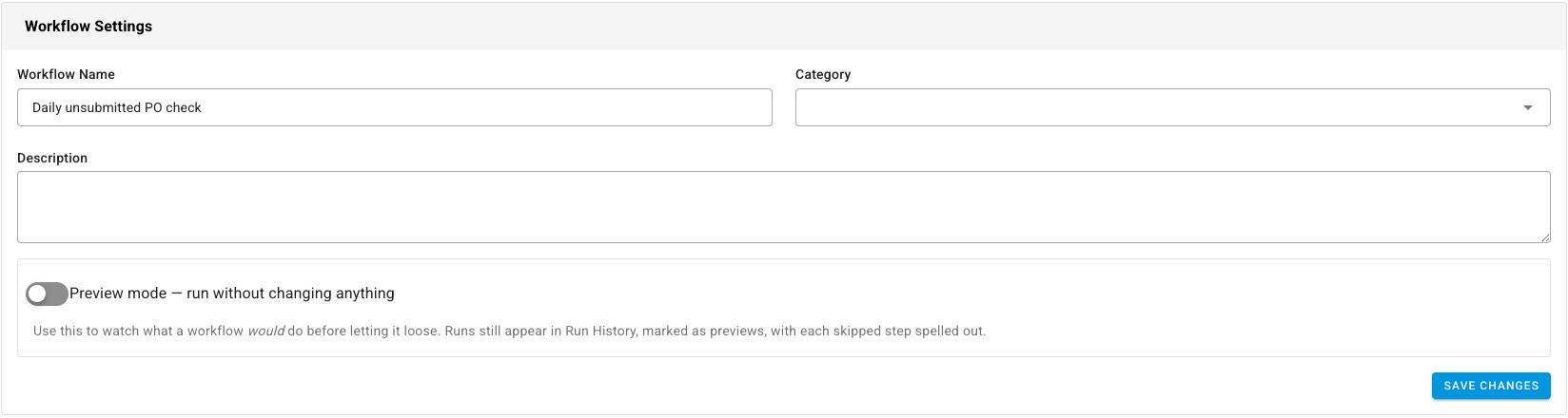 The workflow settings with the Preview mode switch and its explanation