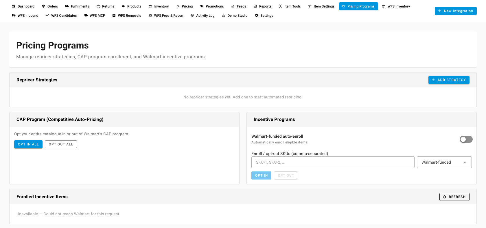 The Walmart Pricing Programs tab: Repricer Strategies, CAP Program, Incentive Programs and Enrolled Incentive Items