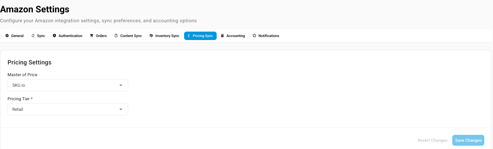 The Pricing Sync tab of Amazon Settings