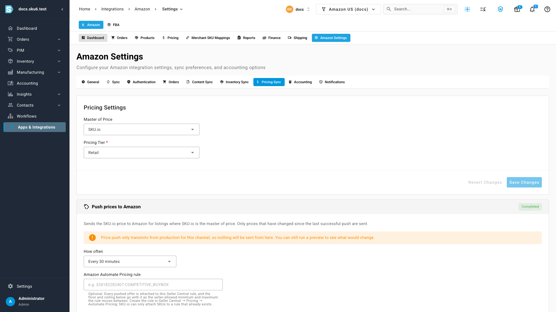 The Pricing Sync tab of the Amazon settings