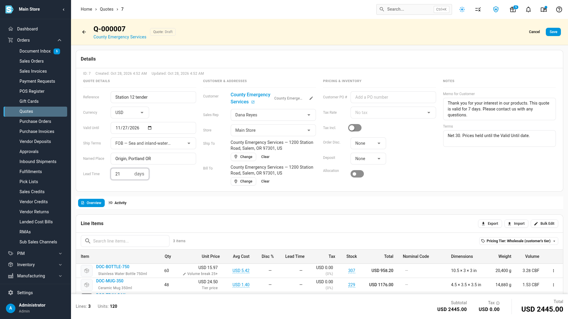 Quote Details in edit mode with Ship Terms FOB, Named Place Origin, Portland OR and a 21-day Lead Time