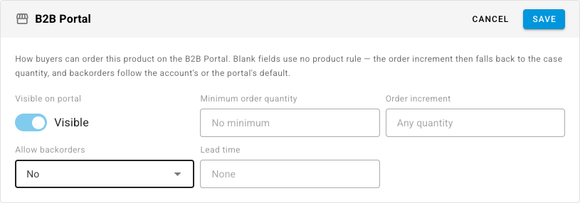 The B2B Portal card on a product's Pricing tab in edit mode, with Allow backorders set to No