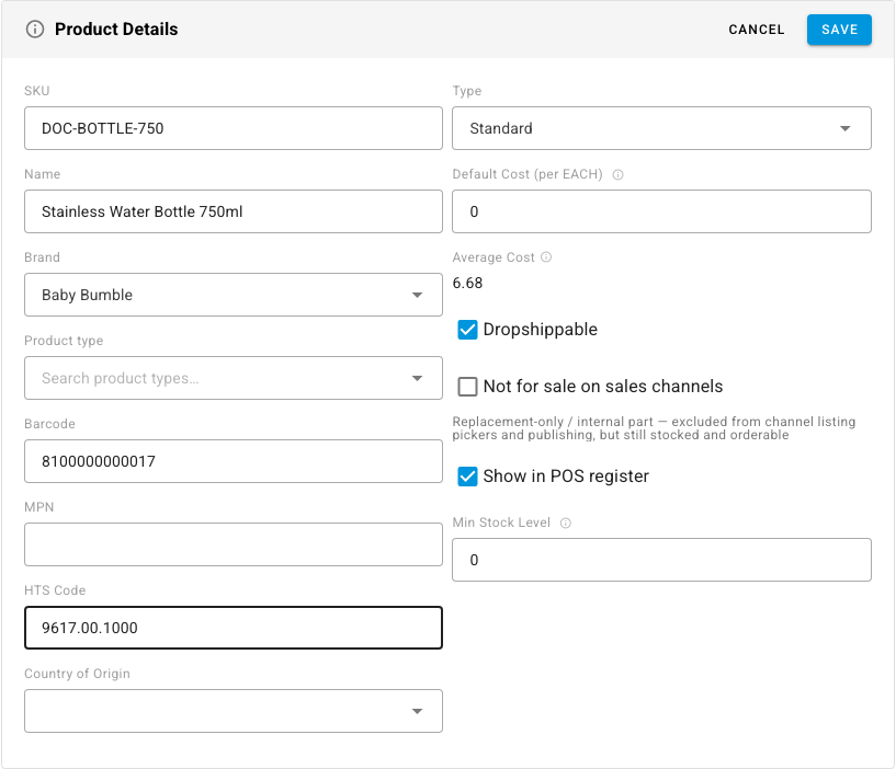 The Product Details card in edit mode, with the HTS Code and Country of Origin fields